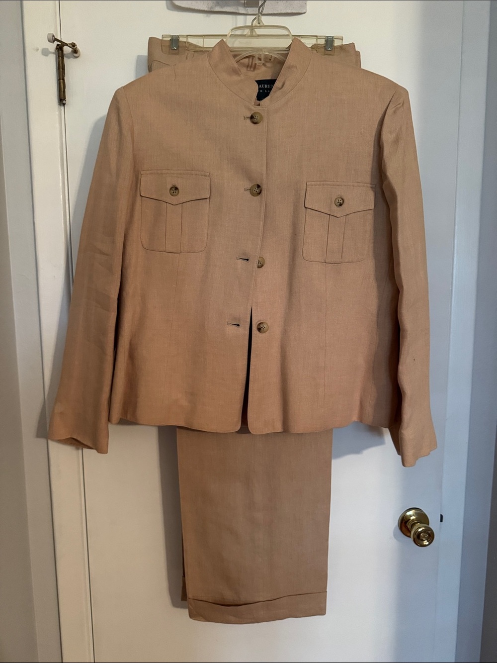 Ralph Lauren Vintage “Safari”Women's Linen Tan Mandarin Collar Suit Sz16